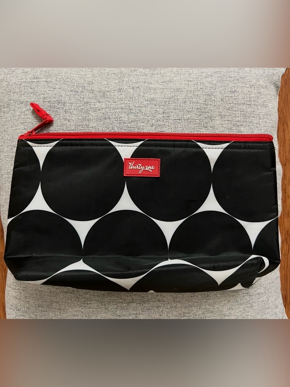 thirty-one Black and White Geometric Cosmetic Pouch with Red Trim